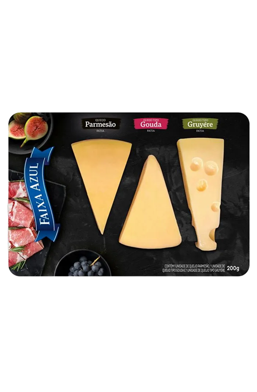 Trio de Queijos Gruyère, Gouda e Parmesão Faixa Azul 200g
